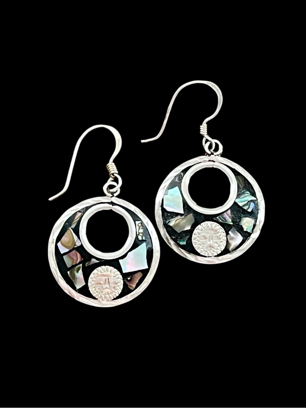 Vintage Mexican Sterling Silver Abalone Sun Face Dangle Earrings Eagle Mark